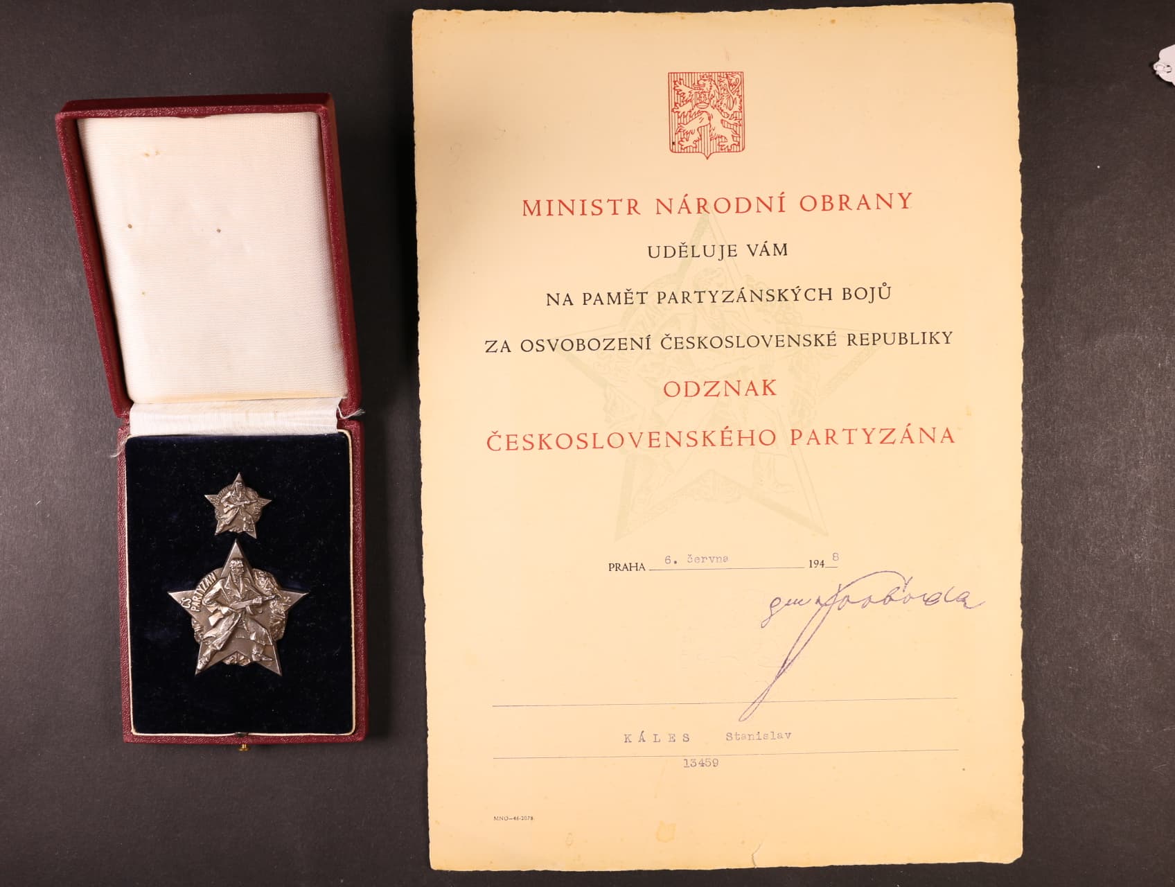 Hvězda československého partyzána + miniatura + dekret + originální etue