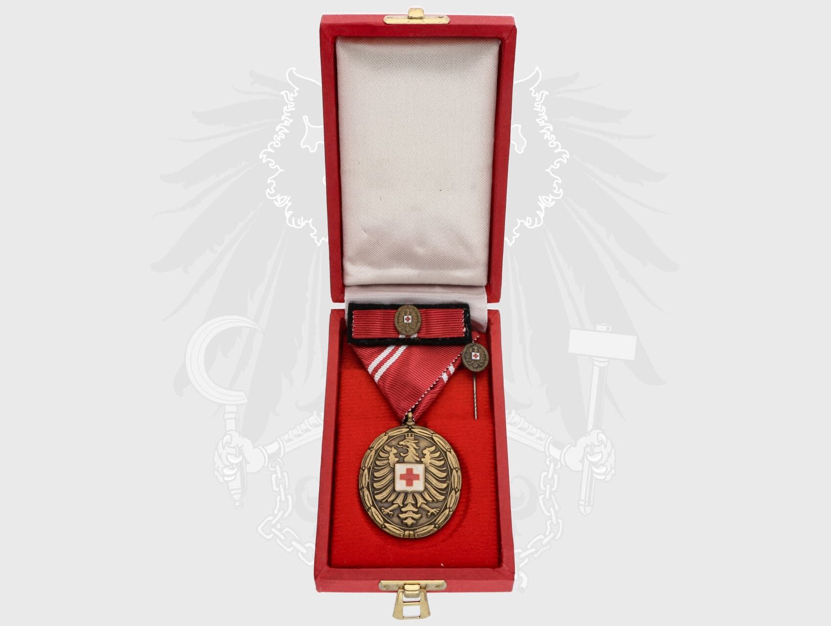 Bronzová záslužná medaile o Rakouský Červený kříž + miniatura, ministužka a originální etue