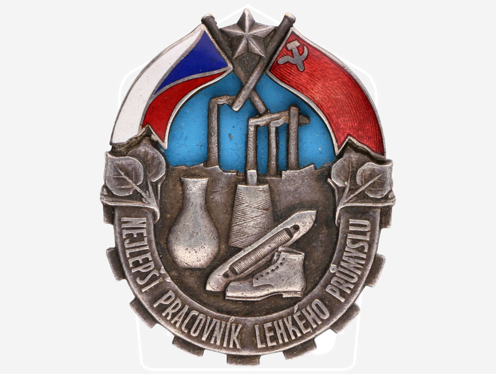 Odznak Nejlepší pracovník lehkého průmyslu č. 868, postříbřený kov, smalty, 45x38 mm