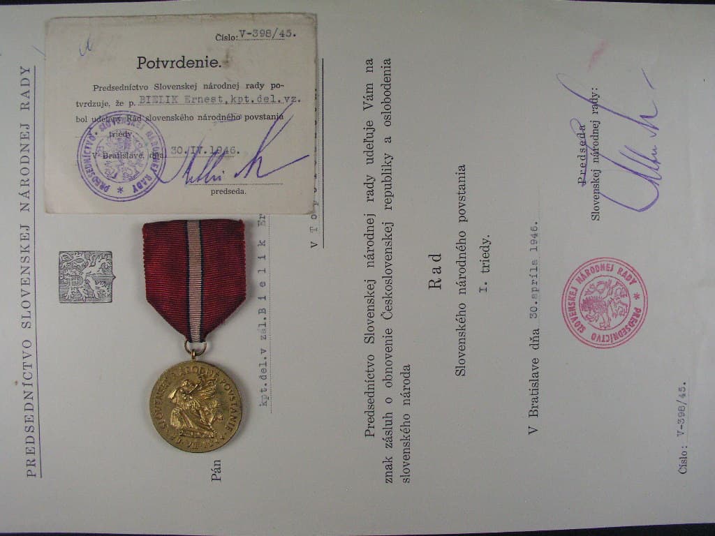 Řád Slovenského národního povstání, I.třída, č.164 + dekret a průkazka