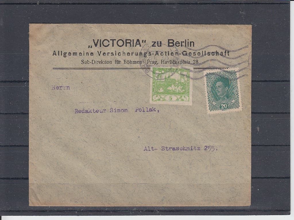Dopis frankovaný 20h Karel a 5h Hradčany pod razítkem Praha 7 2. 1. 1919.