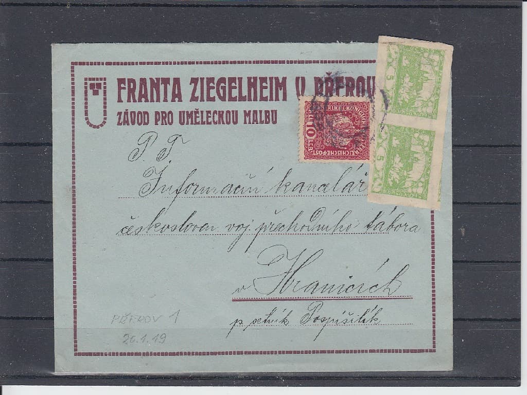 Dopis zaslaný z Přerova do Hranic 20. 1. 1919 vyfrankovaný známkou 10h koruna a dvoupáskou známek Hradčany 5h.