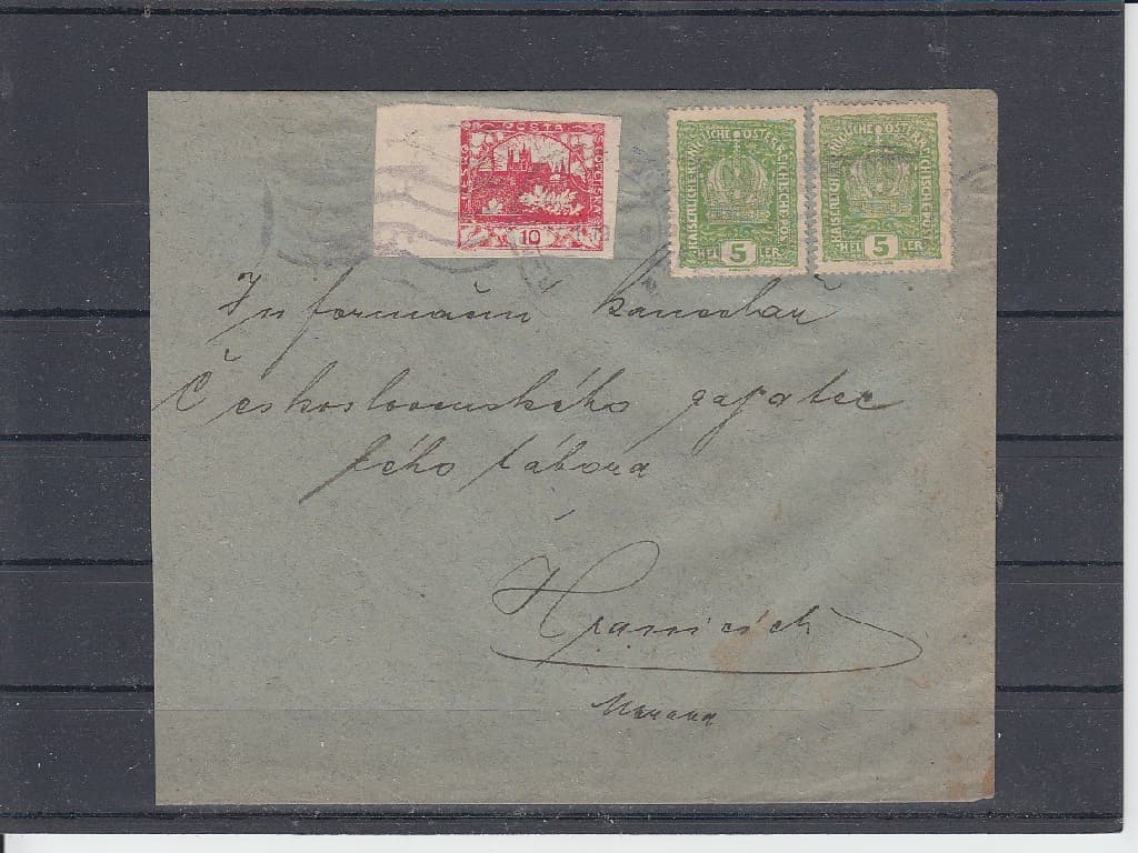 Dopis zaslaný 17. 1. 1919 z Olomouce do Hranic frankovaný dvoupáskou 5h rakouských známek koruna a známkou Hradčany 10h.