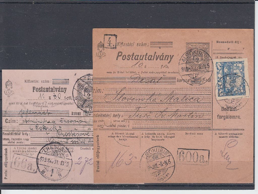 2 kusy uherských peněžních průvodek vyplacených známkou č. 10 z května a července 1919