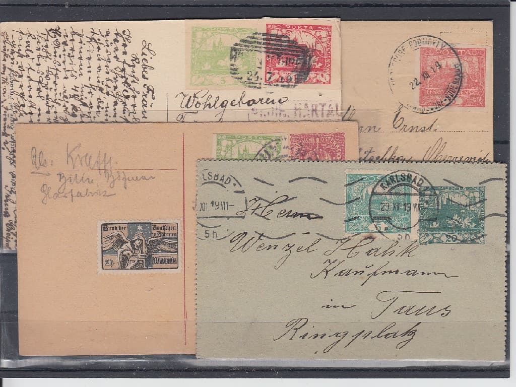 4ks celistvostí frankovanými známkami hradčan z toho 1x CDV a 1x zálepka