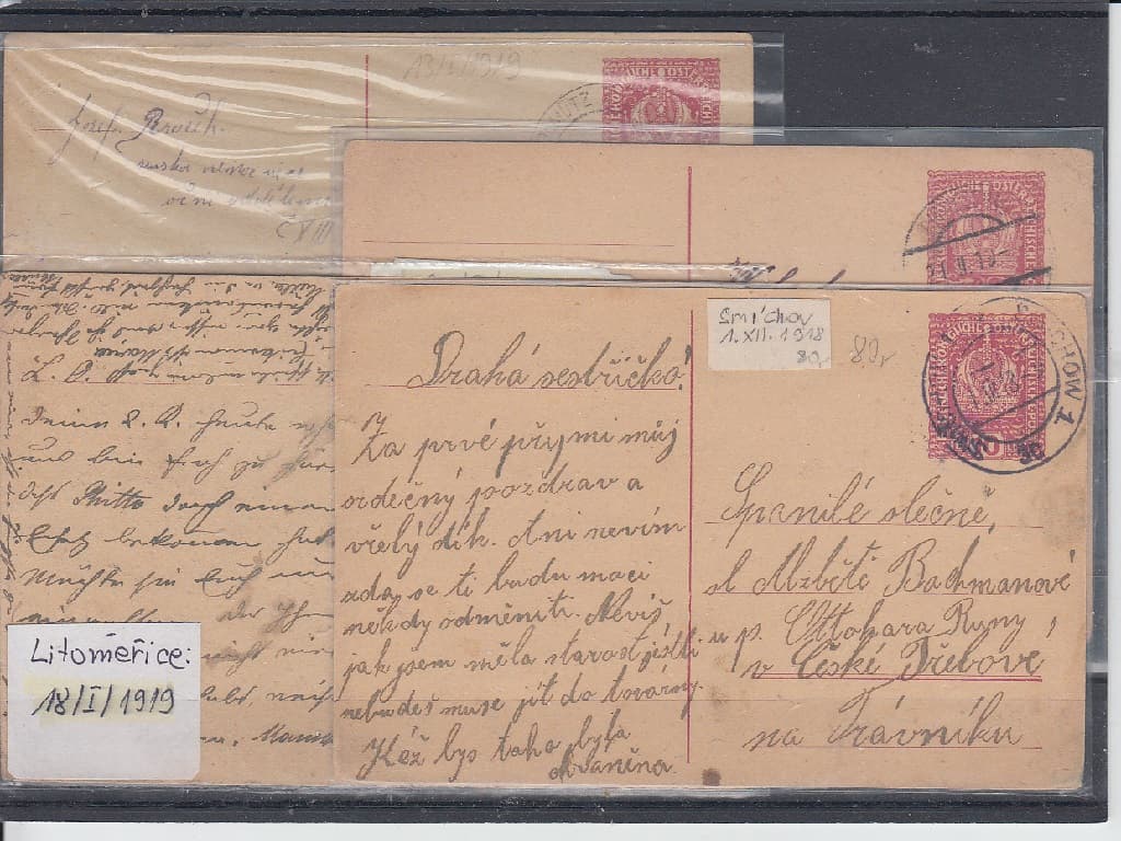 4 ks dopisnic 10h koruna zaslaných v období od 1.12. 1918 do 21.1.1919, 1 ks na nazelenalém papíře a ostatní na nažloutlém papíře.