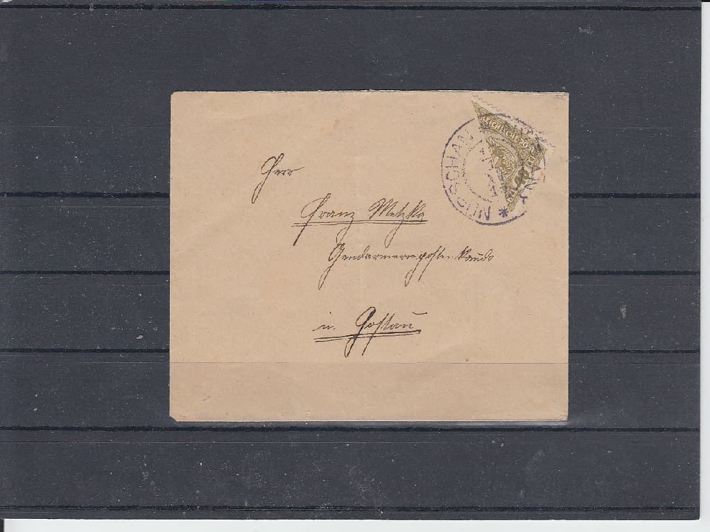 Dopis frankovaný rakouskou půlenou známkou 40h znak pod razítkem Nýřany 12.1.1919.