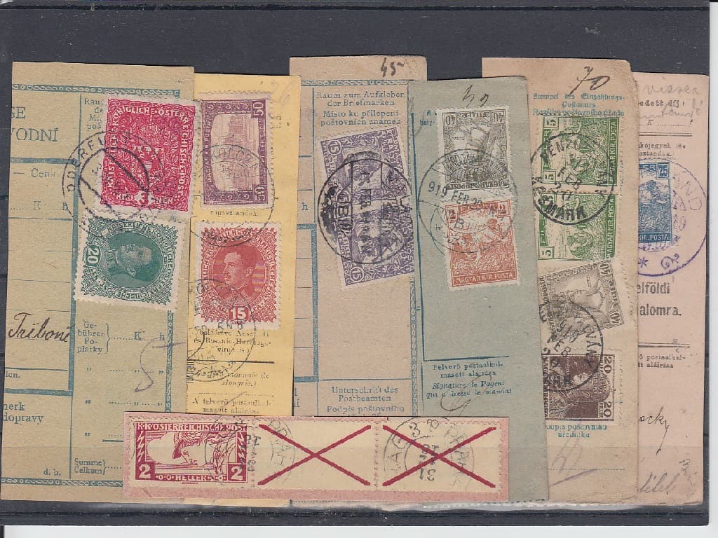 7ks ústřižků průvodek frankovaných rakouskými a maďarskými známkami z prosince 1918 až února 1919.