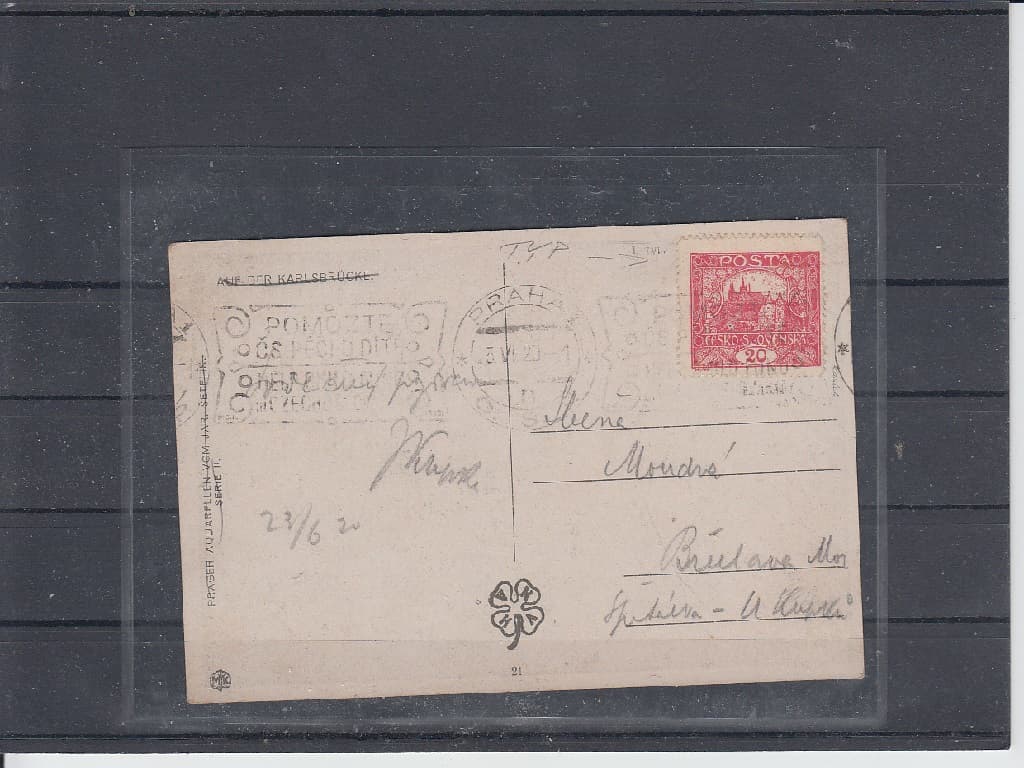 pohlednice vyplacená známkou 9C s prvním typem spirály na ZP 9/I TD pod razítkem Praha 23.6. 1920.
