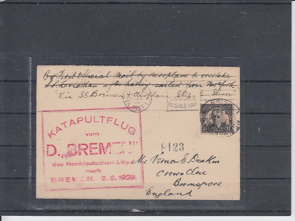 Dopis dopravený katapultovým letem z USA do anglie vyplacený 17c zn. 26.7.1929.