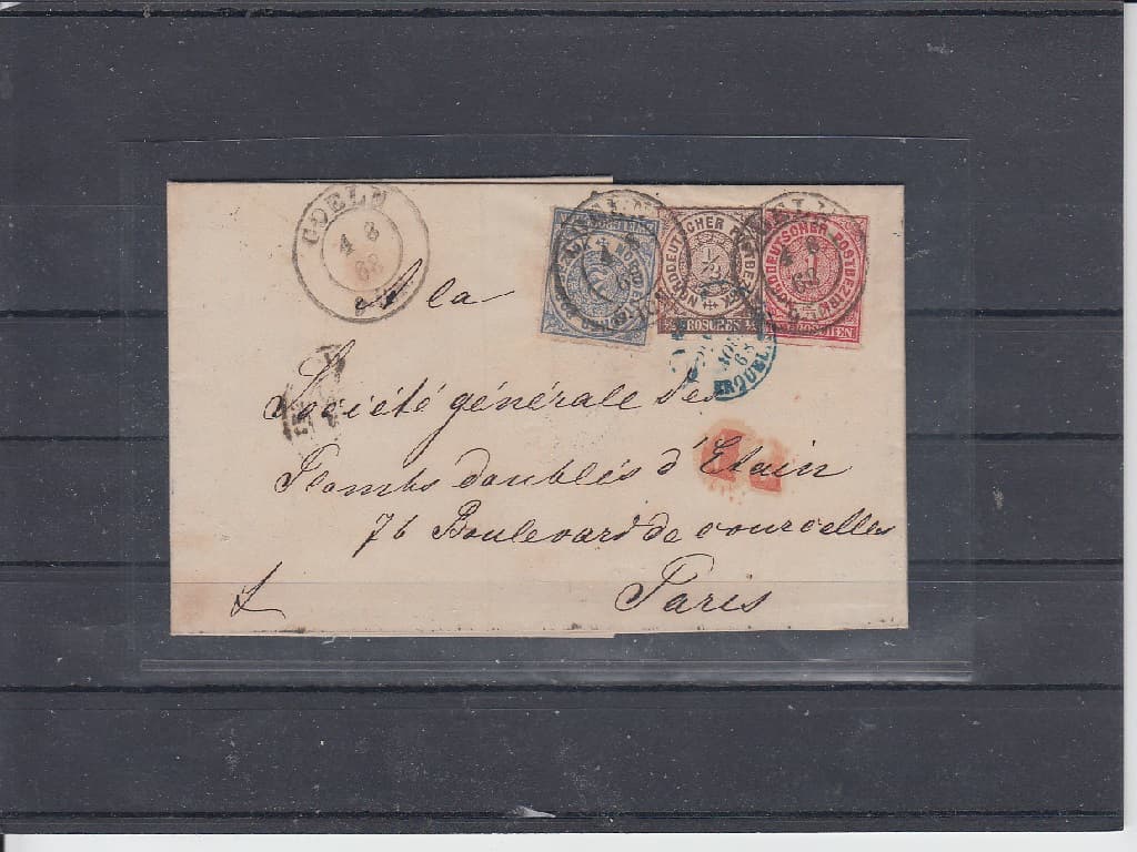 Dopis zaslaný z Kolína nad Rýnem do Paříže pod razítkem Kolín 4.8.1868 vyfrankovaný tříbarevnou frankaturou.