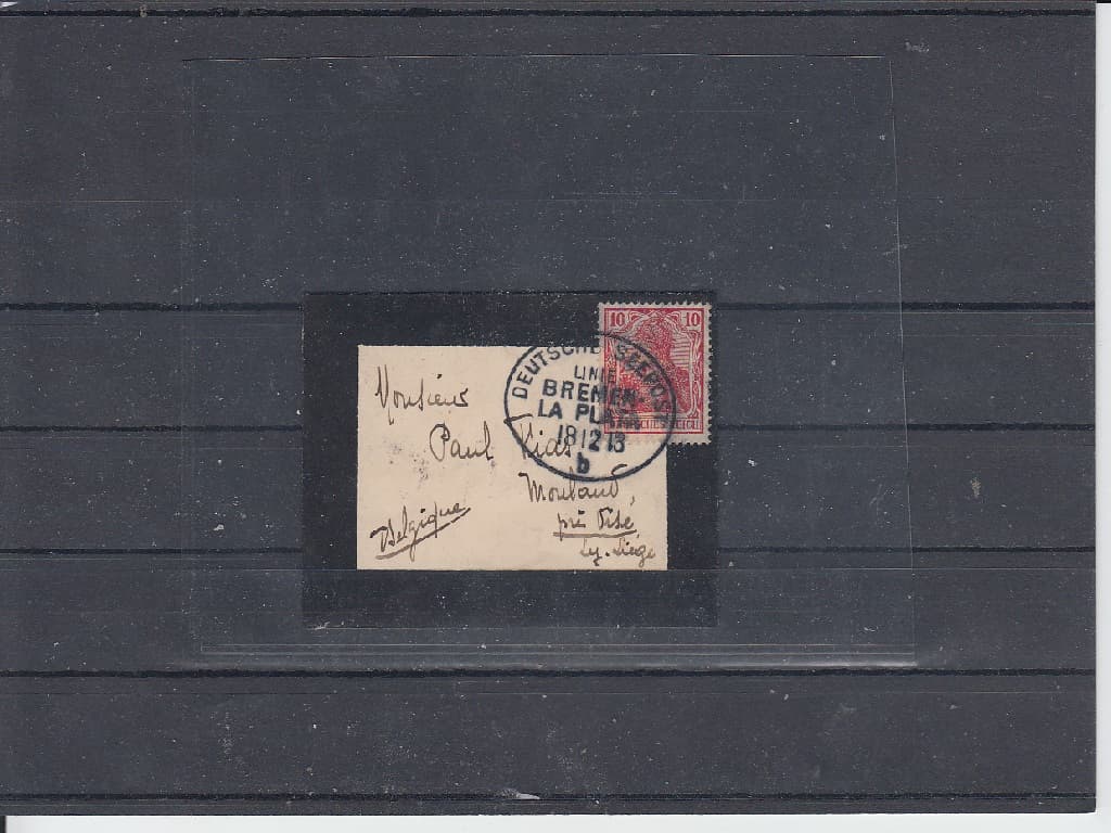 Miniaturní dopis frankovaný zn. 10h germania pod razítkem Deutsche seepost linie Bremen - La Plata 18.12.1913 b, vzácné.