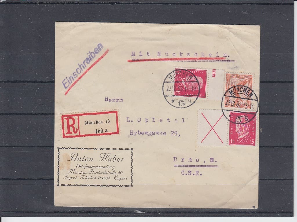 R- dopis zaslaný z Německa do Brna frankovaný 2x zn. Mi č. 414 a 1x zn. Mi č.381.