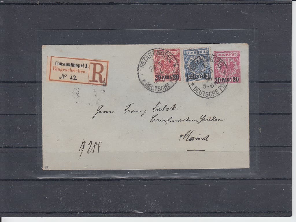 R- dopis zaslaný z Konstantinopole do Německa vyfrankovaný zn. Mi č. 2 a 3 pod razítkem Konstantinopol - Deutsche post 24.5.1894. Luxusní kvalita