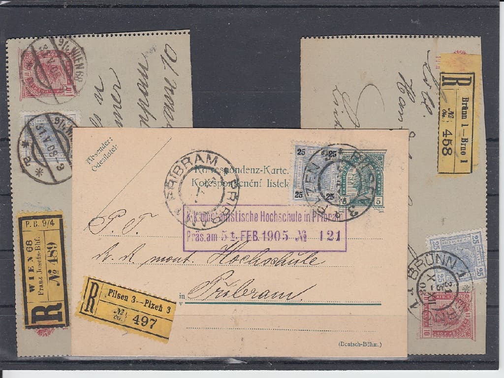 Sestava 3ks celin použitých v období let 1907 a 1908, z toho 2x zálepka.