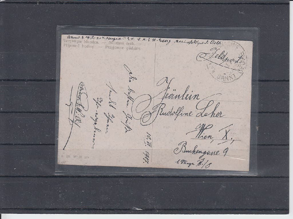 Pohlednice zaslaná do Vídně 10.4.1917 pod razítkem K.u.K. Kriegsmarine S.M.S. Sankt Georg