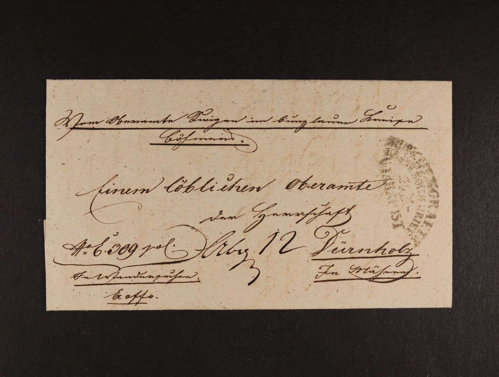 služební skl. dopis z r. 1836 s pod. raz. MÜNCHENGRAETZ K.K.OST BÖHM BRIEFE U FAHRPOST, kat. Müller 240 bodů