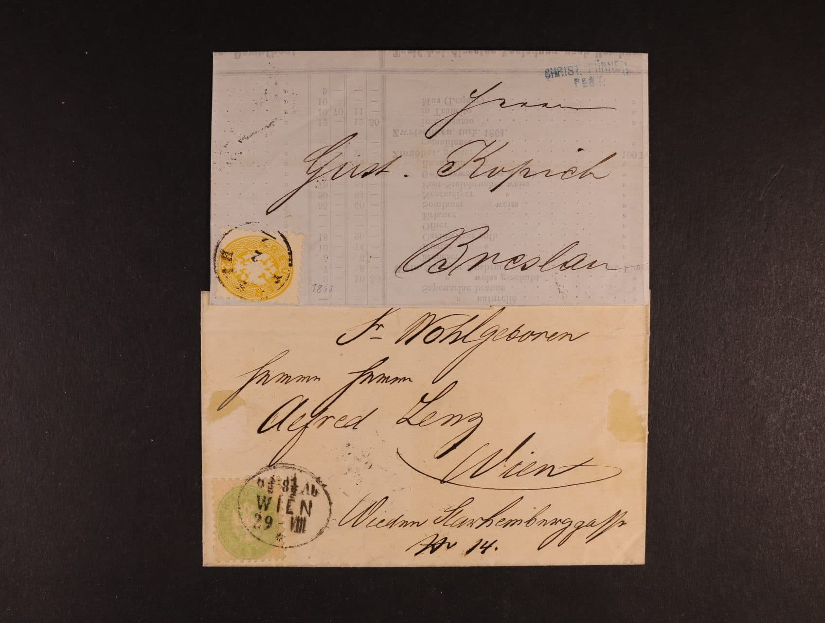 skl. tiskopis z r. 1865 do Německa frank. zn. Fe. č. 30, pod. raz. PESTH 2.9. a skl. dopis v místě frank. zn. Fe. č. 31 s oválným raz. WIEN