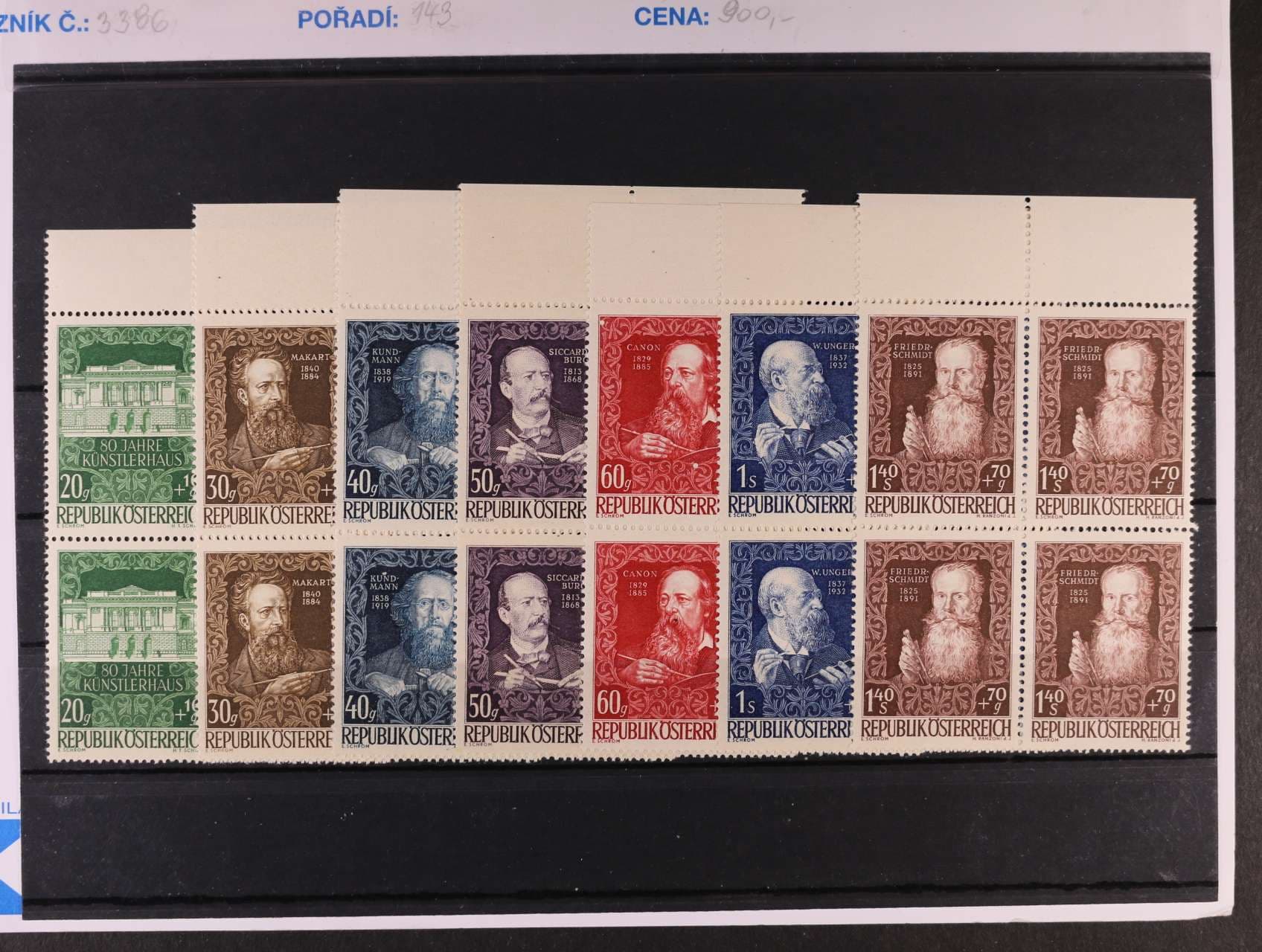 zn. Mi. č. 876 - 84 ve čtyřblocích s horními okraji, 250 EUR