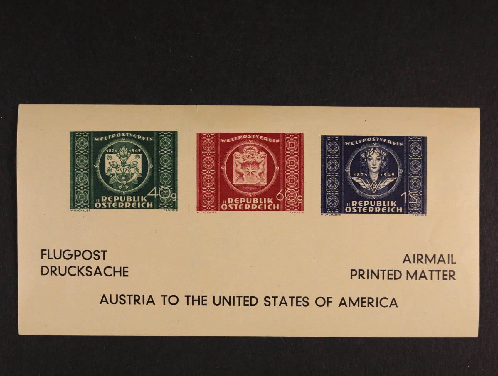 adresní lístek UPU 1949+ se zn. Mi. č. 943 - 5, slabý lom v levém spodním rohu
