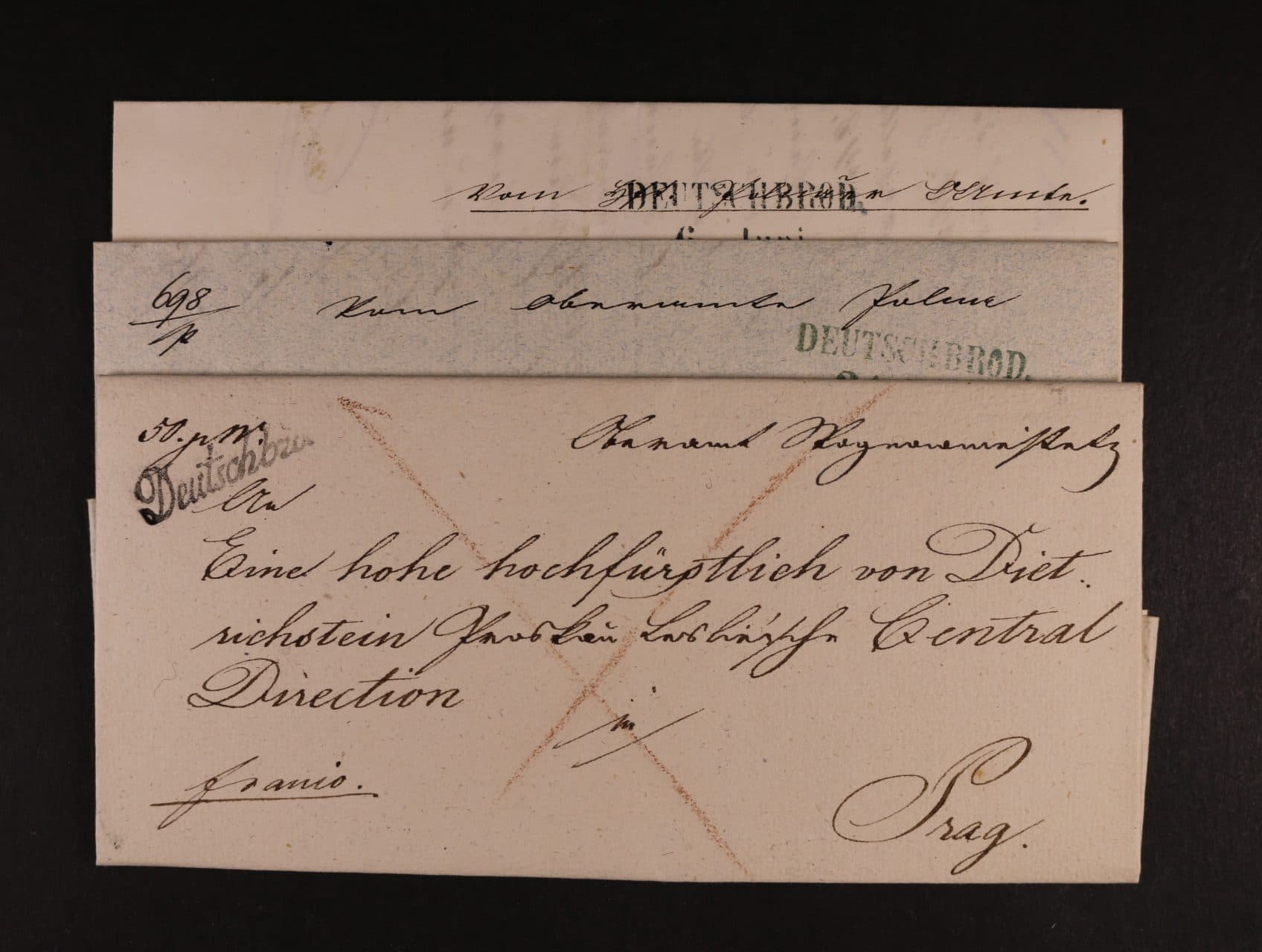 sestava 3 ks skl. dopisů z let 1831 - 46 s různými řádkovými raz. DEUTSCHE BROD v černé, resp. modré barvě, zajímavé
