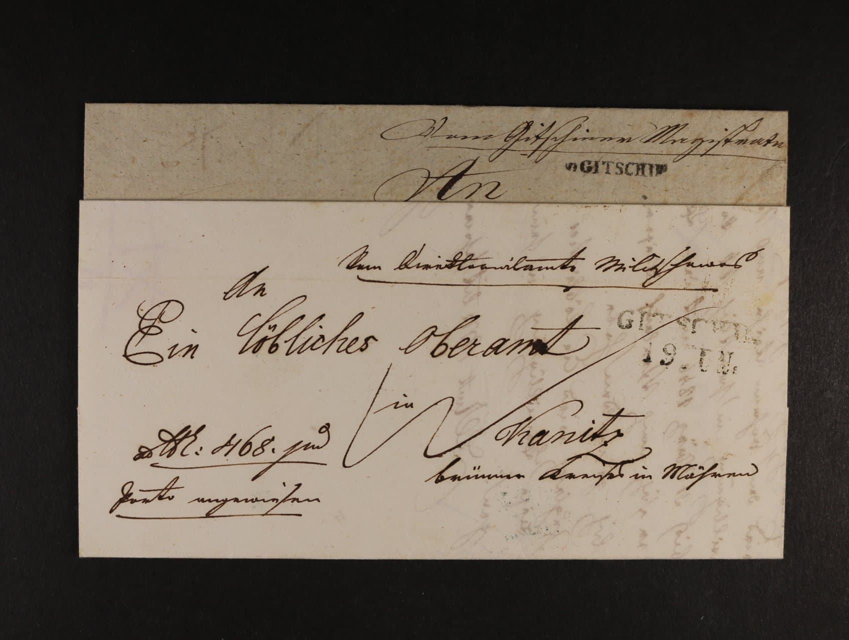 dva skl. dopisy z let 1834 a 1845 s různými řádkovými raz. GITSCHIN