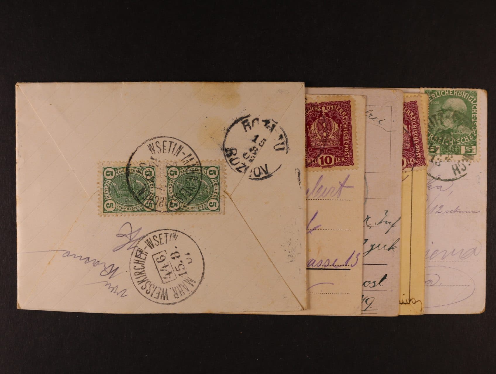 sestava 5 ks celistvostí z období R-U s raz. VLP č. 86, BRAUNAU - CHOTZEN, VLP 446 VSETÍN - MÄHR. WEISKIRCHEN, VLP 393 TANNWALD ..., zajímavé