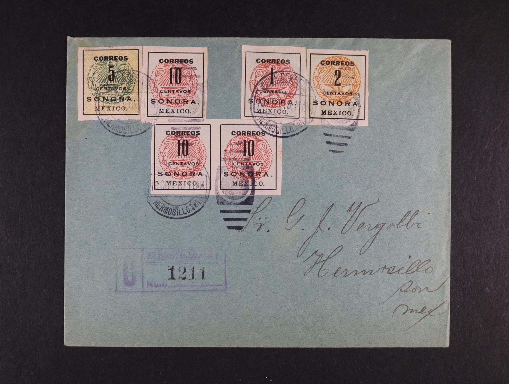 Mexiko - R-dopis frank. zn. Mi. č. 310, 311, 313, 314 (3x), pod. raz. HERMOSILLO SONORA 13.OCT.1915 + přích. raz., zajímavé