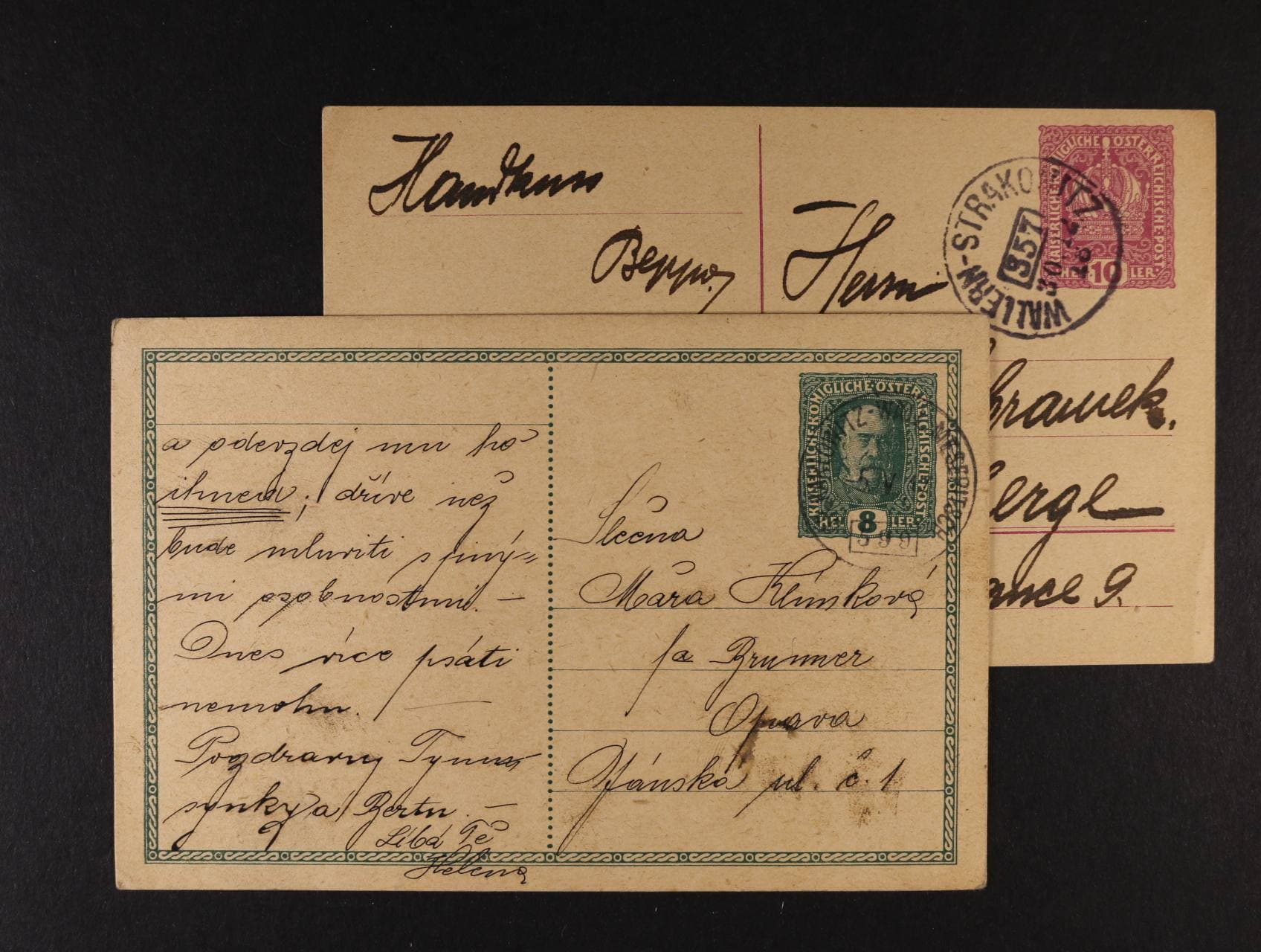 dva R-U KL s raz. VLP č. 357 WALLERN - STRAKONITZ 30.12.18 a VLP č. 599 KARLOWITZ - WALL. MESERITSCH 5.5.1917, dobrá kvalita,