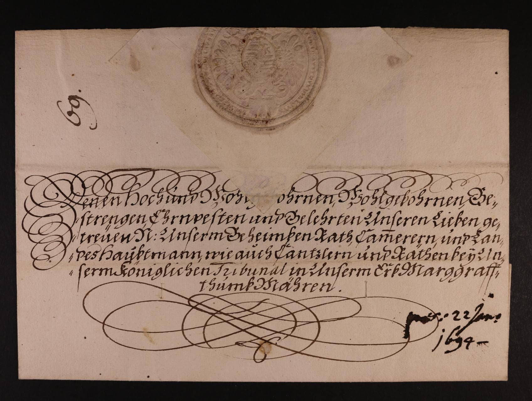 skl. císařský dopis z r. 1694 - Leopold I., s přelomenou pečetí bez obsahu
