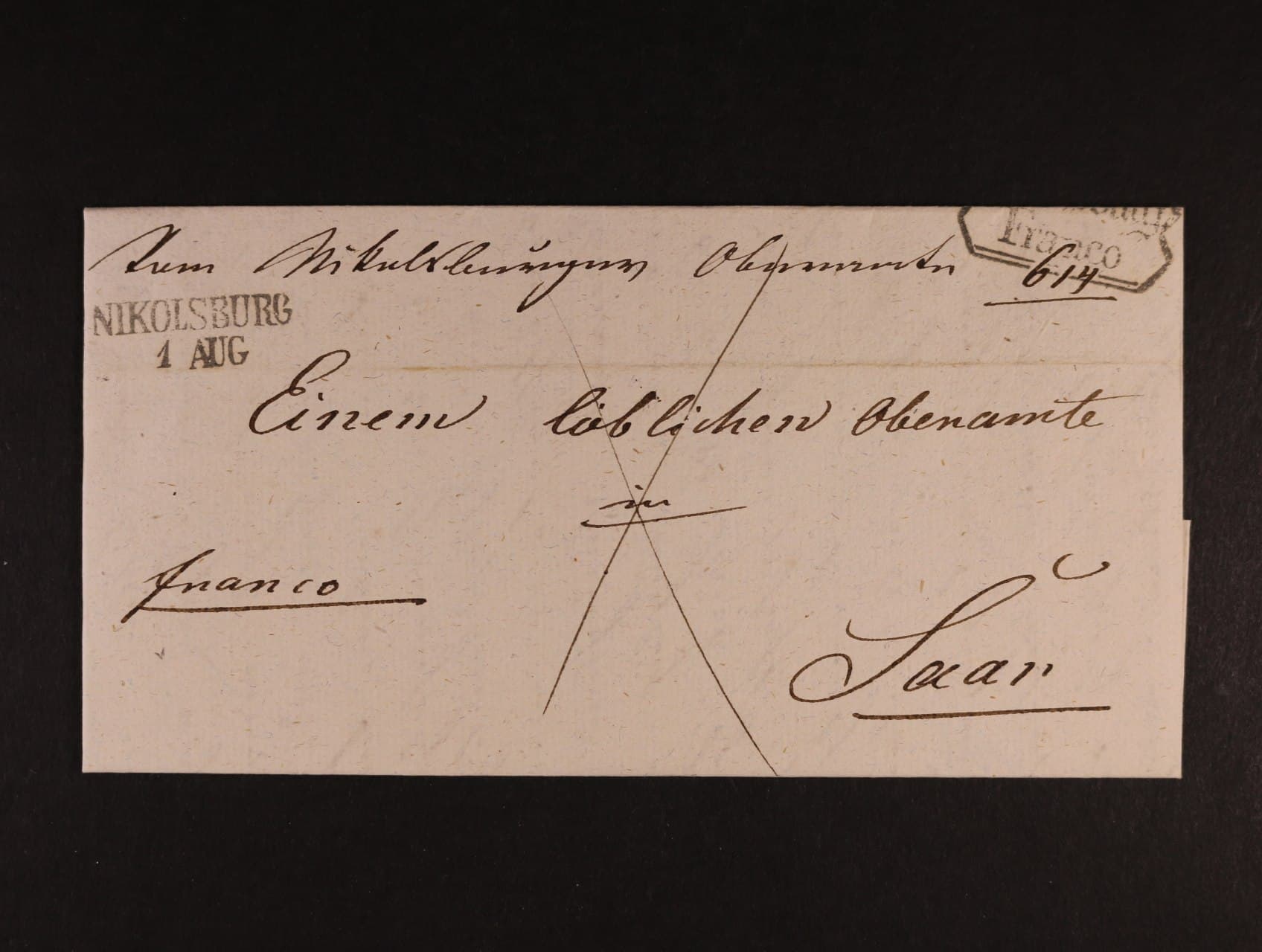 skl. dopis do Žďáru z r. 1844 vč. obsahu, pod. řádkové raz. NIKOLSBURG 1.AUG. + příd. raz. NILOLSBURG FRANCO