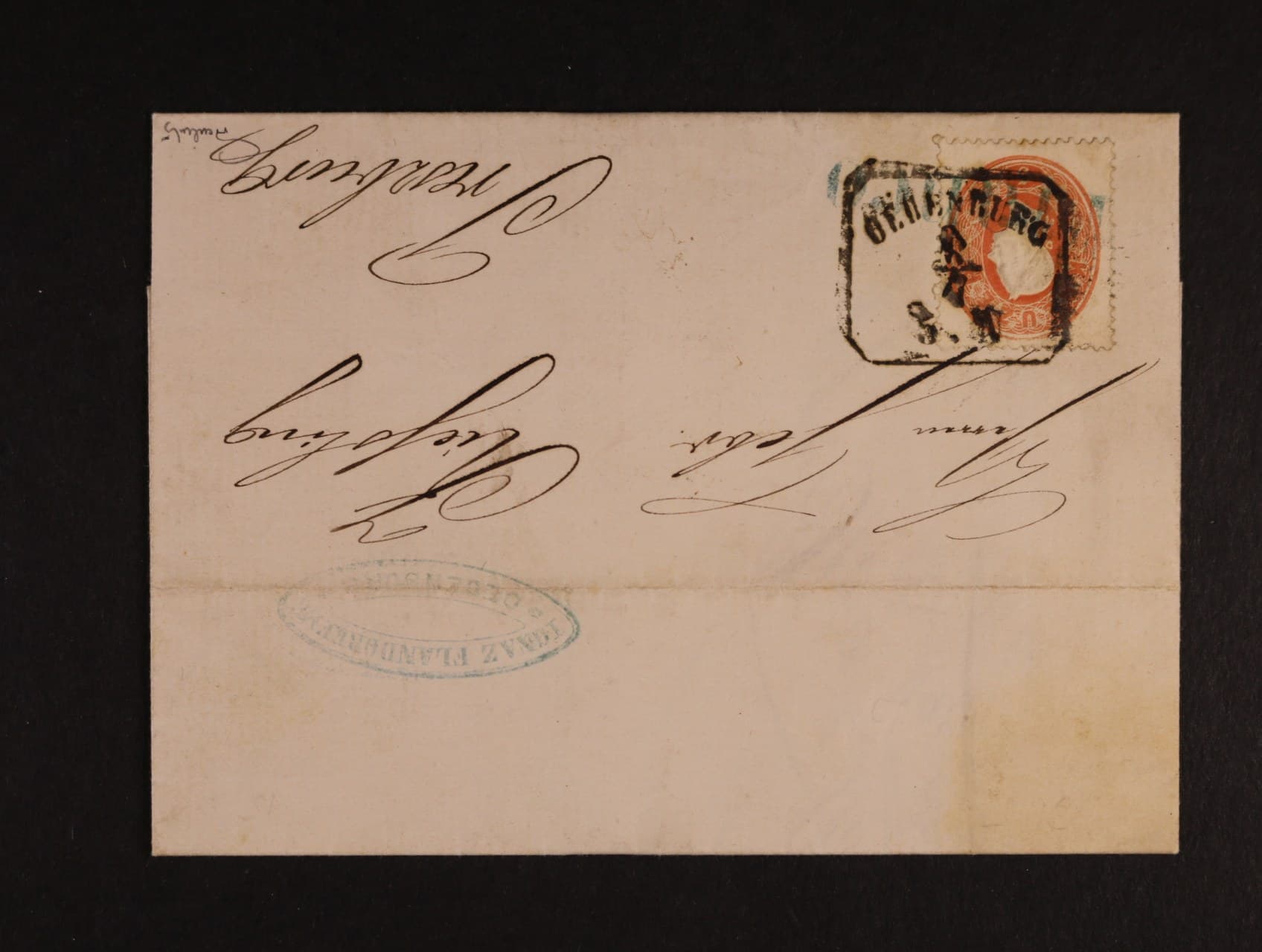 firemní skl. dopis z r. 1862 frank. zn. Fe. č. 20 s rámeč. raz. ODENBURG + řádkové modré raz. Franco přes známku, zajímavé