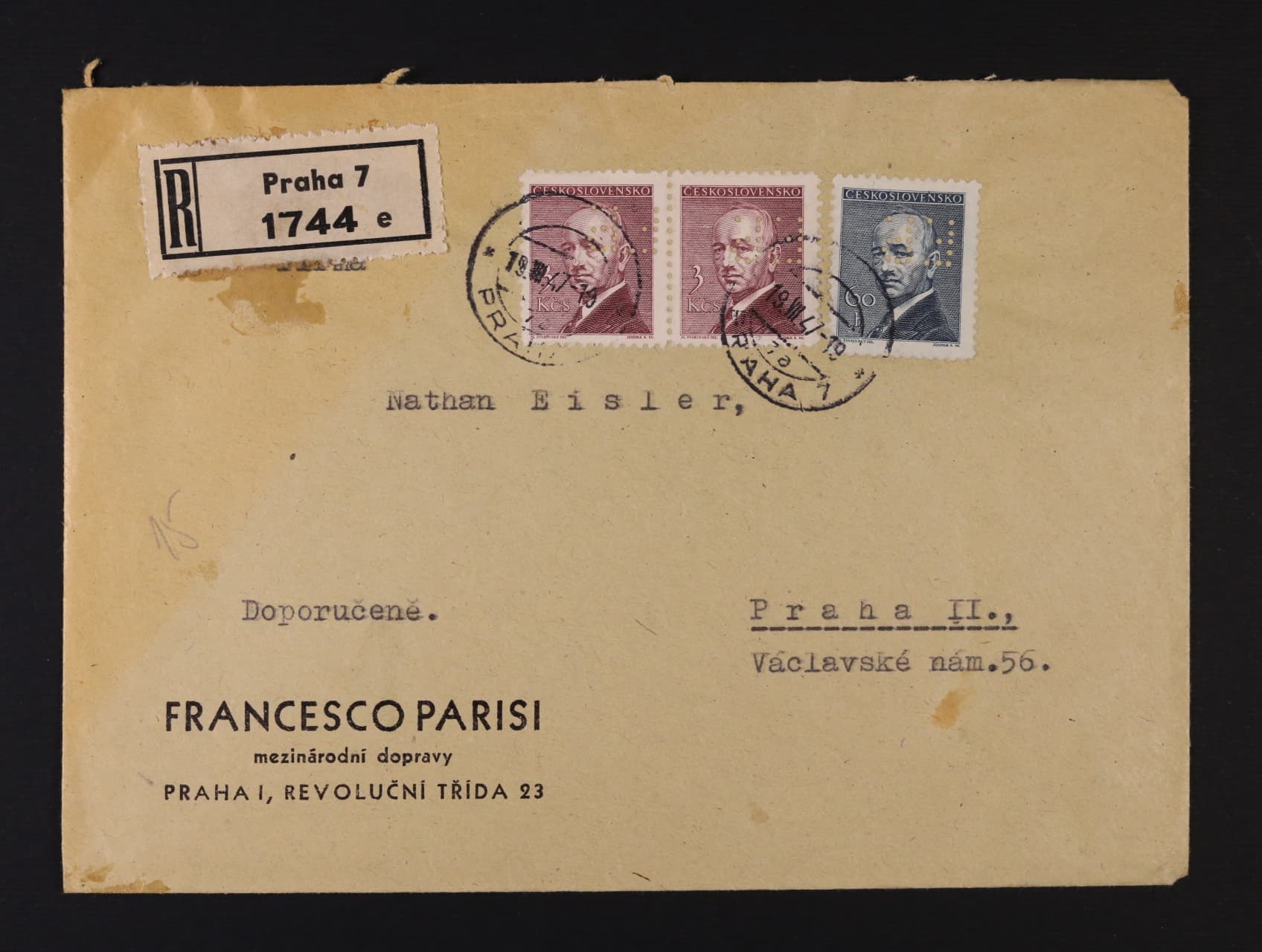 Perfiny ČSR II - firemní R-dopis v místě frank. zn. č. 443, 445 (2x) s identifik. perfinem F.S.