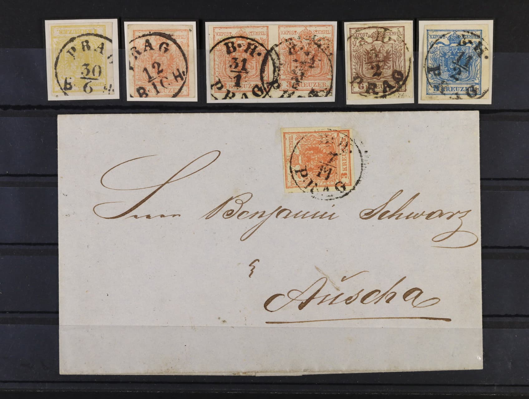 zn. Fe. c. 1, 3, 3 ve dvoupasce, 4, 5, 3 typ I na dopise s nadraznimi raz. PRAG B. H. z r. 1857