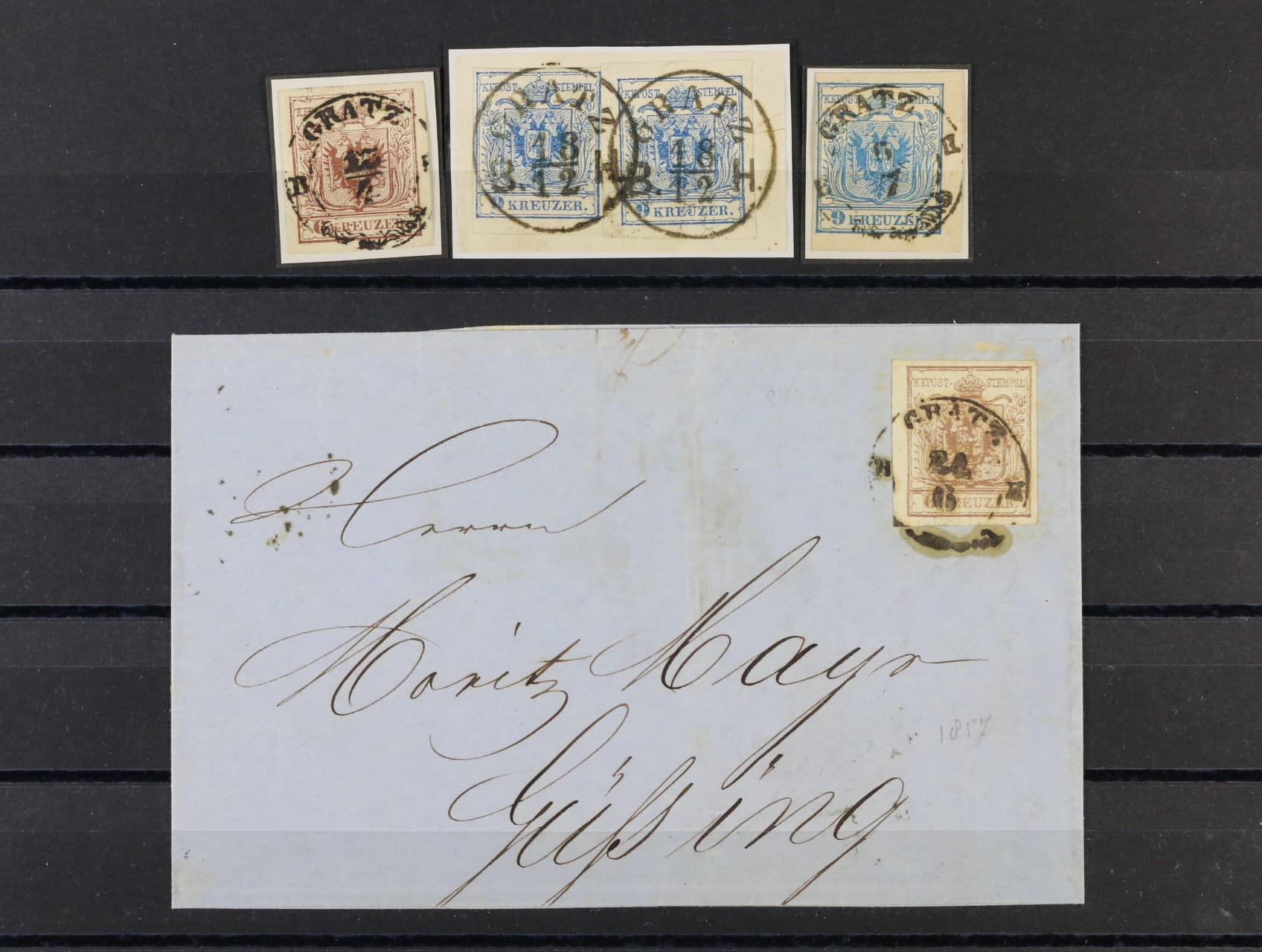 zn. Fe. č. 4, 5, 5 na výstřižku (2 ks), skl. dopis z r. 1857 frank. zn. Fe. č. 4, vše s nádražními raz. GRATZ B.H., zajímavé