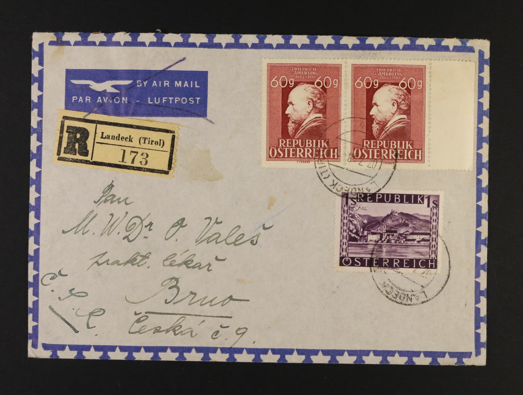 R dopis z Landeku do Brna 1948 se zn. č. 767 a dvoupáskou zn. č. 857