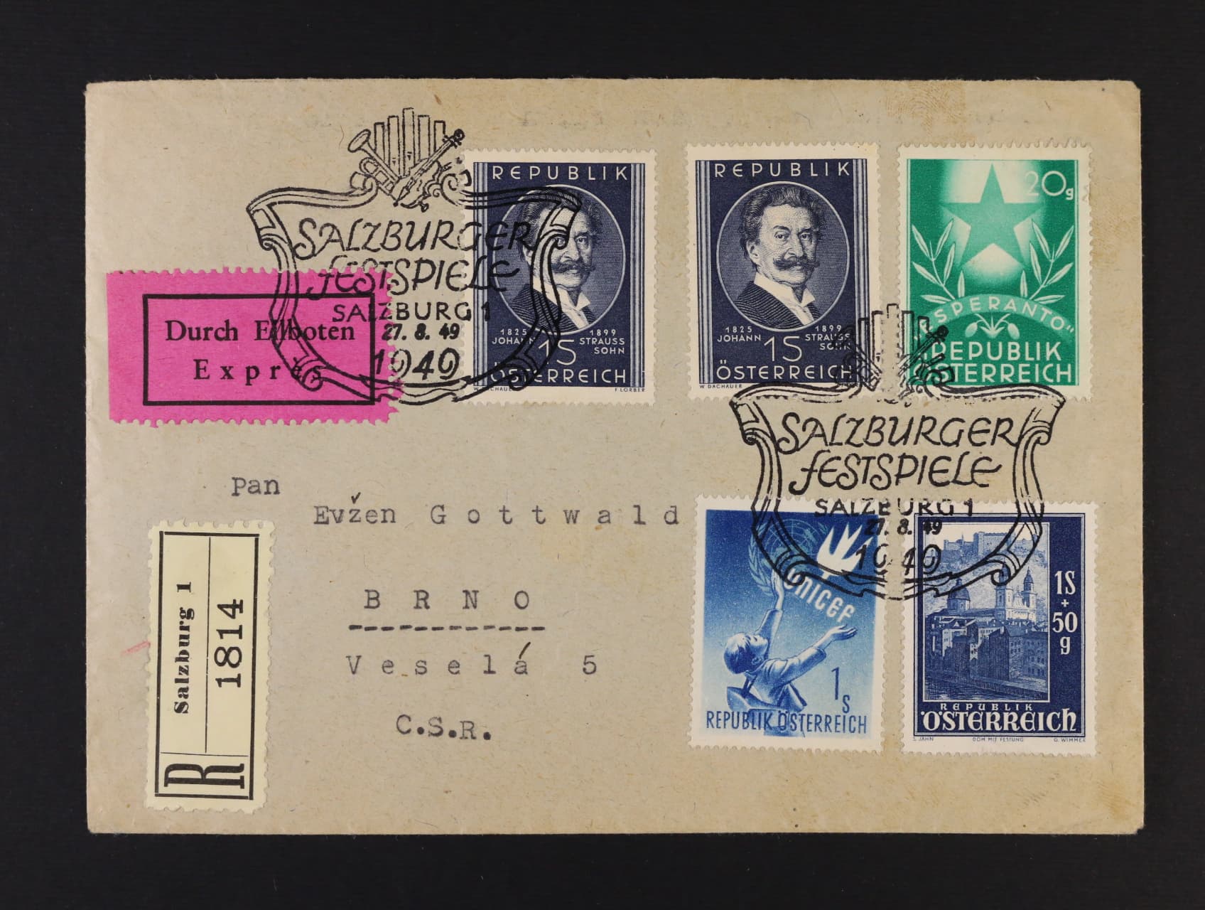 R dopis do Brna se zn. č. 891, 933, 2x 934, 935 a pam. raz. SALZBURGER FESTSPILLE 1949