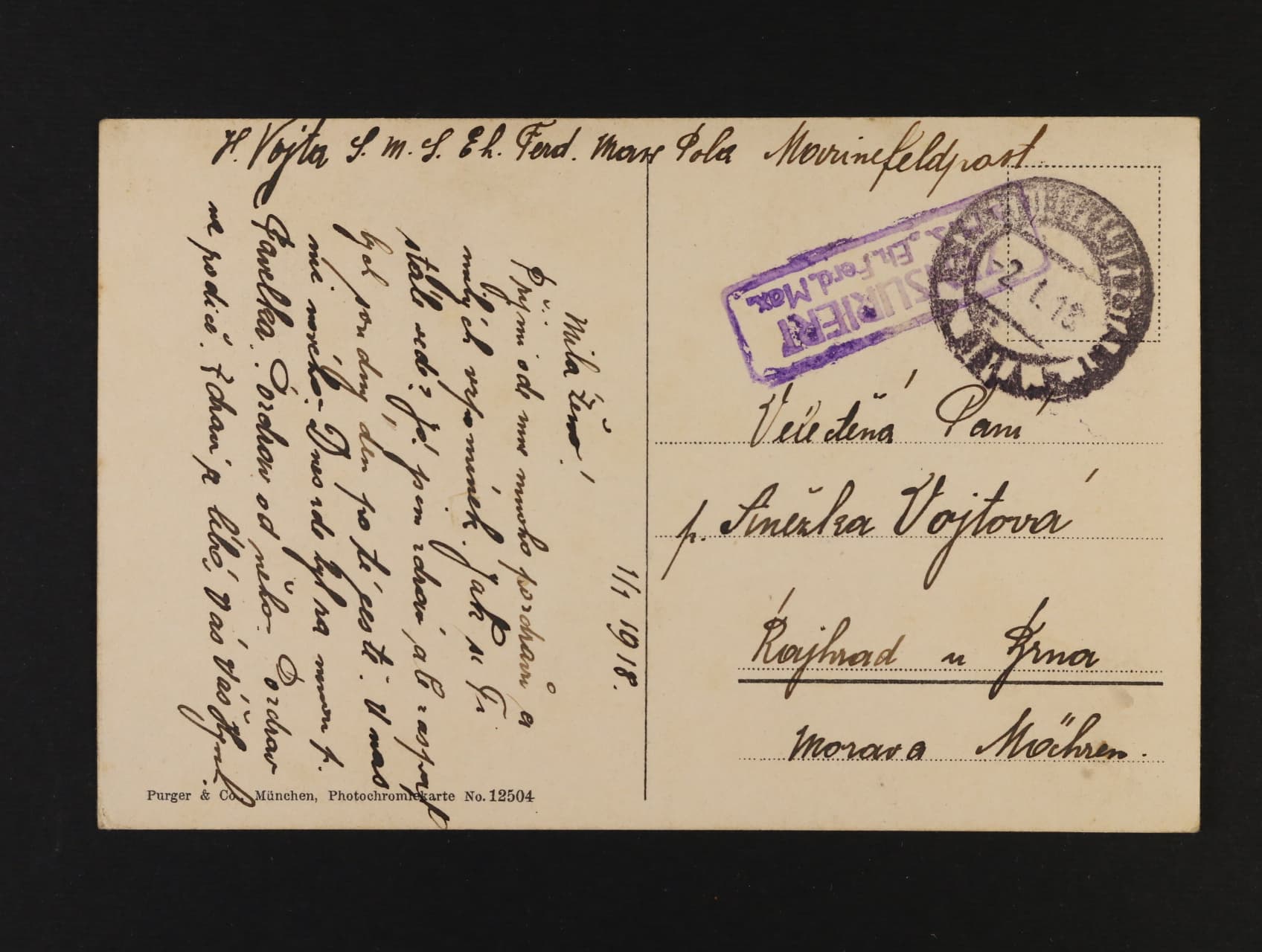 Dvě celistvosti s pod. raz. K.u.K. MFPA Pola 1917, resp. 1918 + modré, resp. fialové rámeč. raz. ZENSURIRTS.M.S. Eh. Ferd.Max.