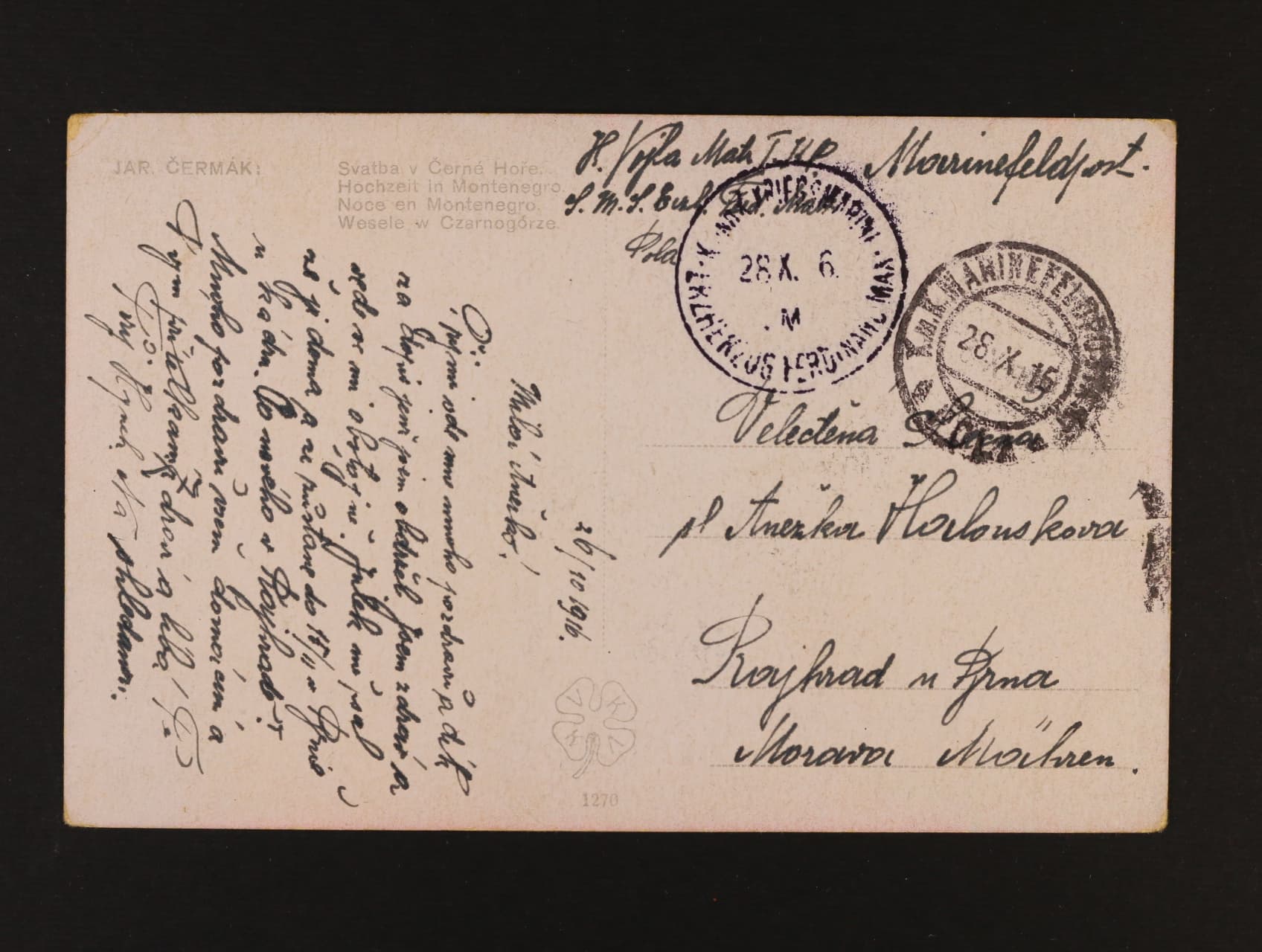 Dvě celistvosti z r. 1915, 1917 s pod. raz. K.u.K. MFPA Pola a lodním raz. S.M.S. Erzherzog Ferdinand Max., dobrá kvalita