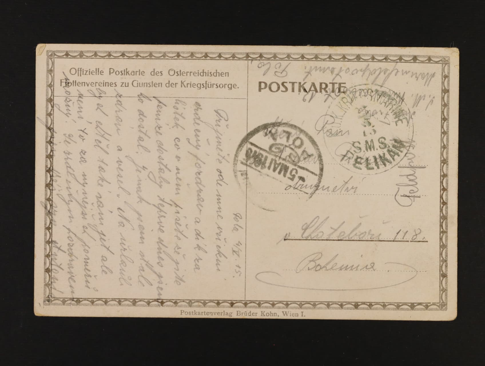 Oficielní pohlednice s námořní bitvou odeslaný z ponorky č. 12 do Chotěboře s lodním raz. S.M.S. PELIKAN 5.5.15 a denní raz. POLA