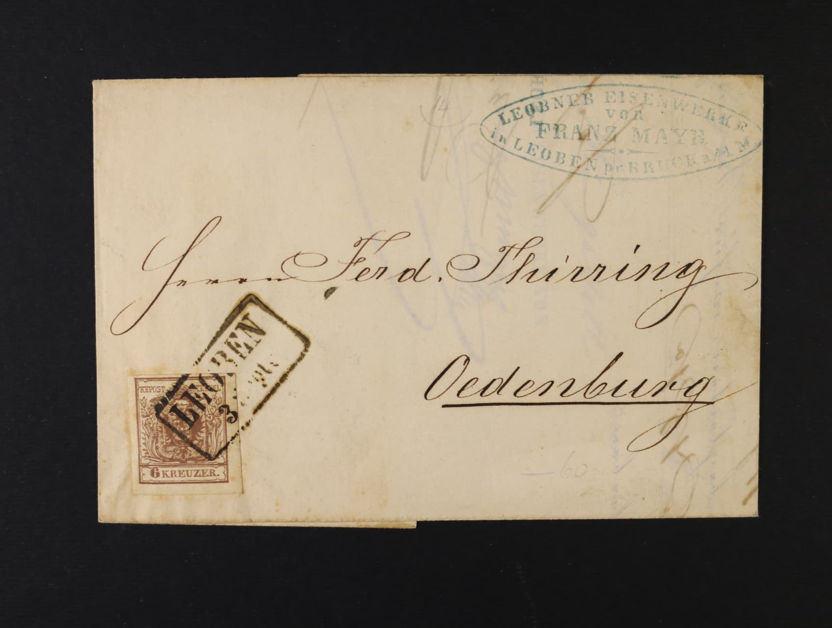 skl. firemní dopis do Oedenburgu z r. 1857, pod. rámeč. raz. LEOBEN, průch. a přích. raz.