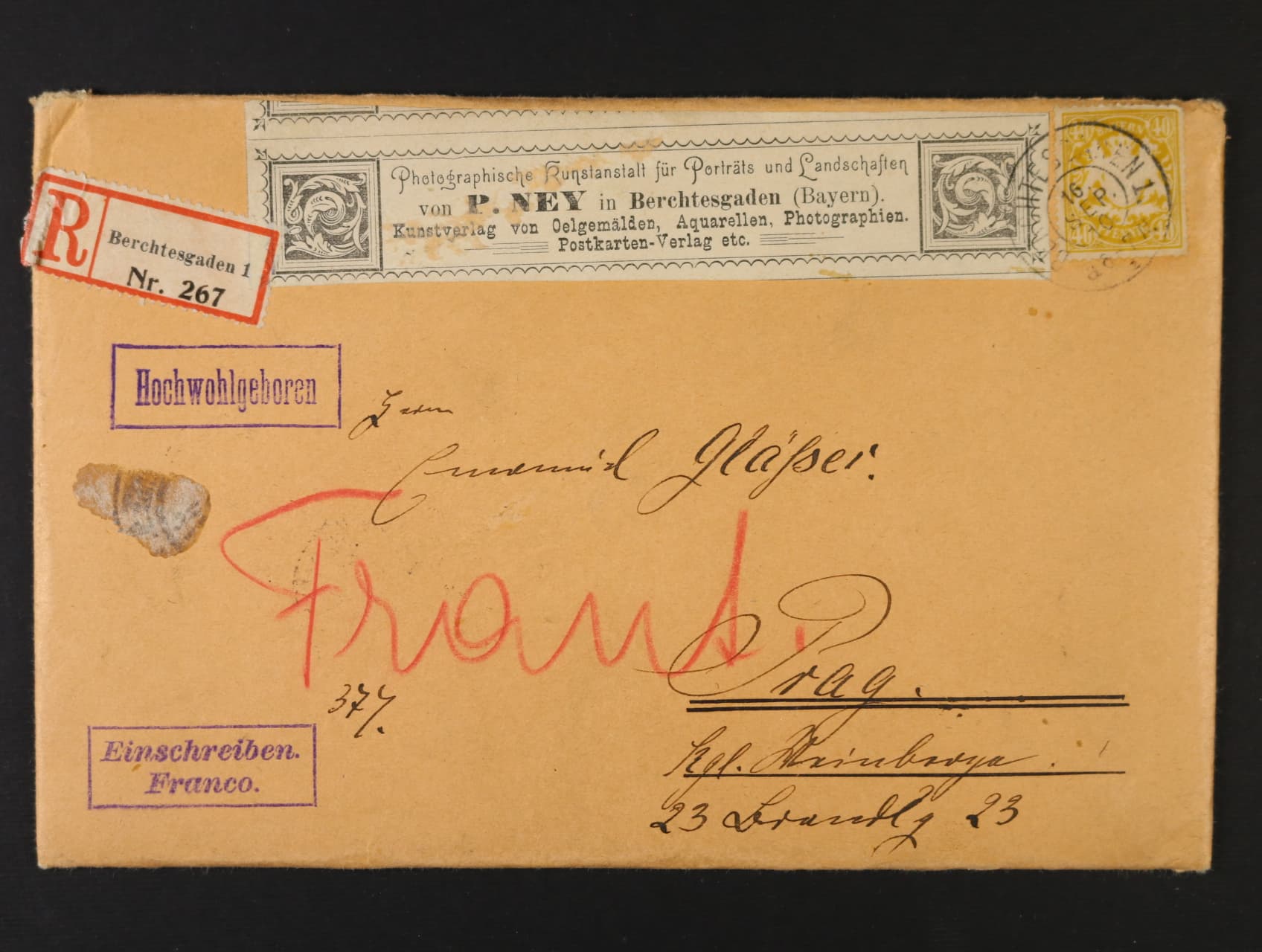 Bavorsko - R-dopis do Prahy frank. zn. Mi. č. 67, pod. raz. BERCHTESGADEN 1 16.SEP.1910 + přích. raz., dekorativní, zajímavé