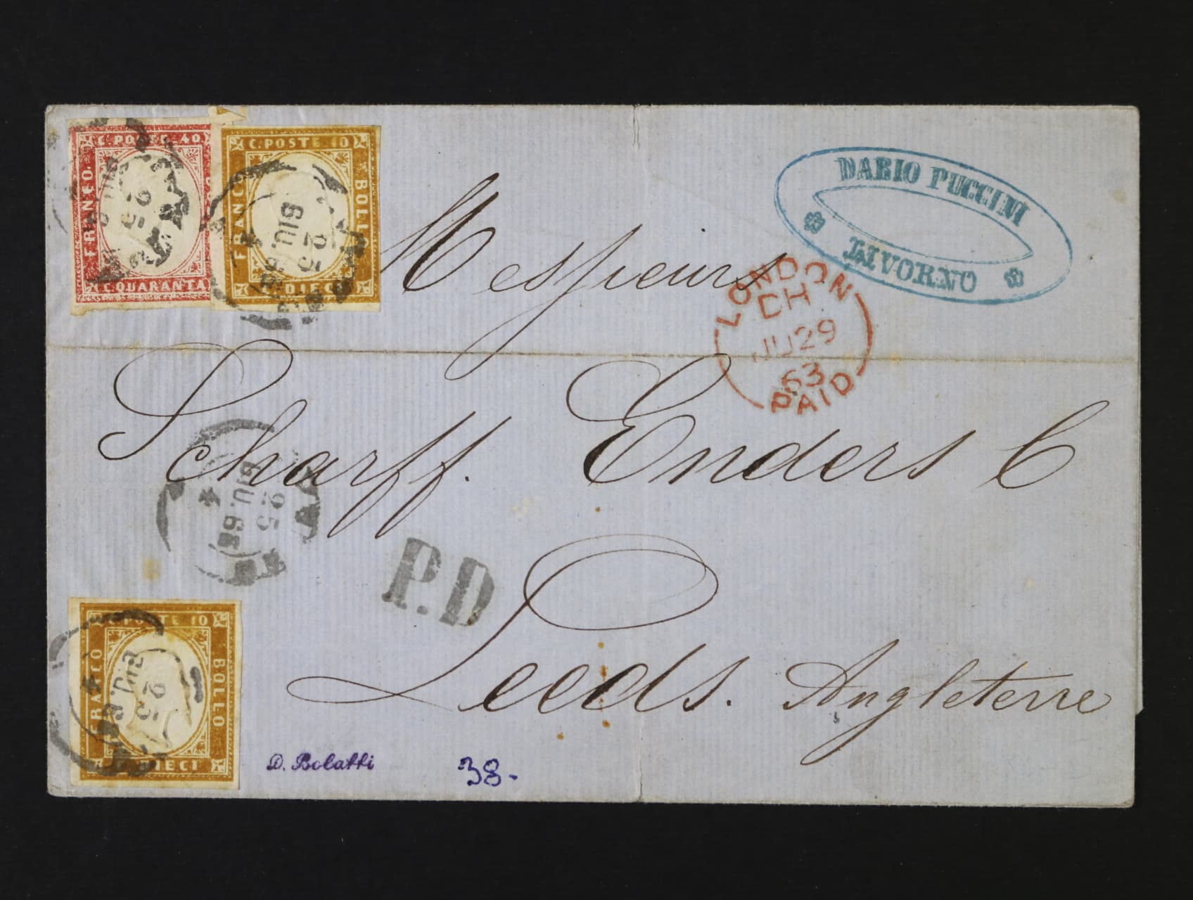 Sardinie - skl. dopis z r. 1863 do Anglie frank. zn. Mi. č. 11 (2x), Mi. 13, pod. raz. LIVORNO 23.GIU.63, průch červené raz. LONDON, přích. raz., dopis vodorovně mimo zn. preložen, zk. Bolafi