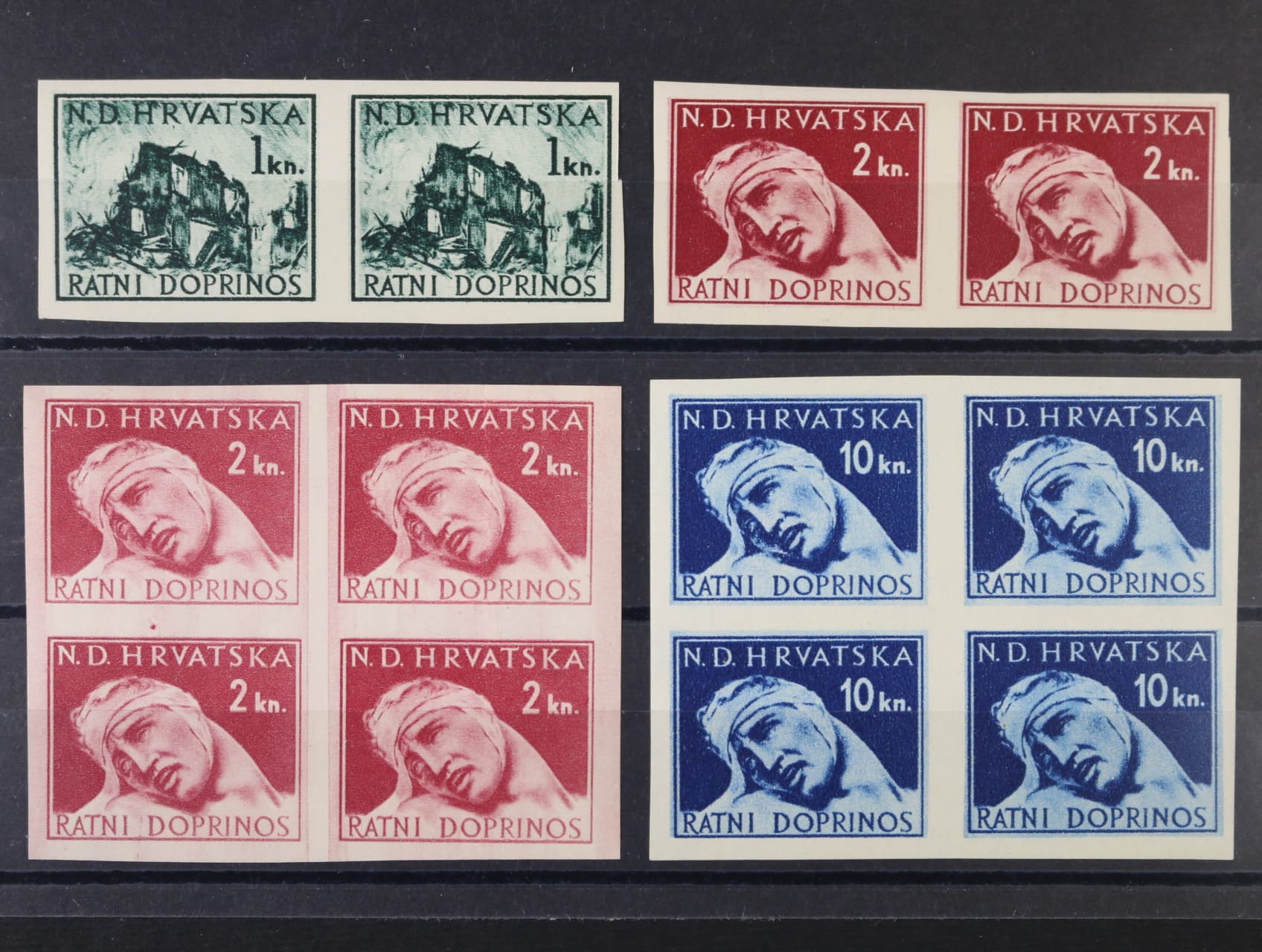 Příplatkové zn. 1944 Mi. č. 3 U ve dvoupásce, 4 U ve dvoupásce a čtyřbloku, 6 U ve čtyřbloku