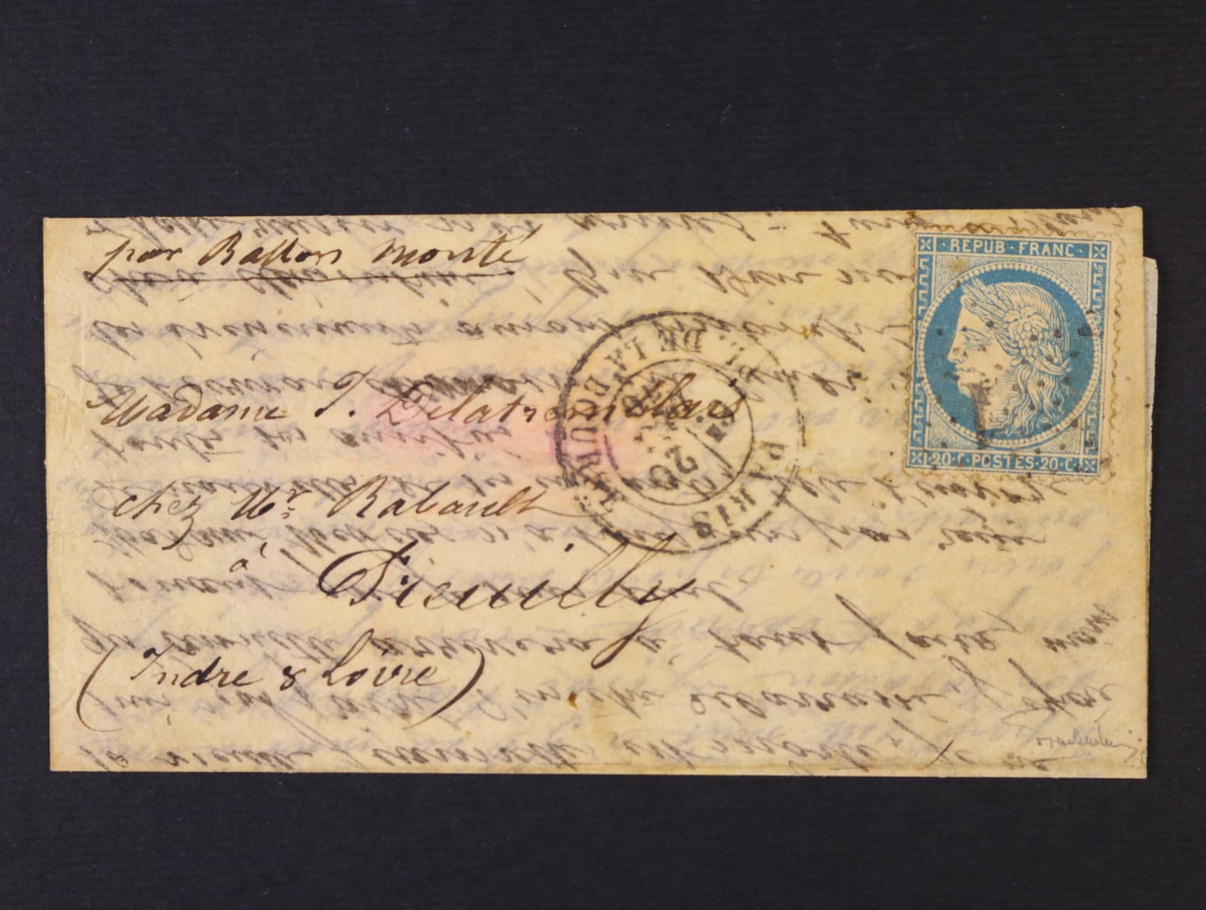 Skl. dopis z r. 1870 přepr. z Paříže do Tremelles balonem Lavoisier, frank. zn. Mi. č. 34 s čís. raz. 1 + denní raz. PL. DE. LA BOURSE 20.DEC.70, přích. raz., zk. Ferchenbauer