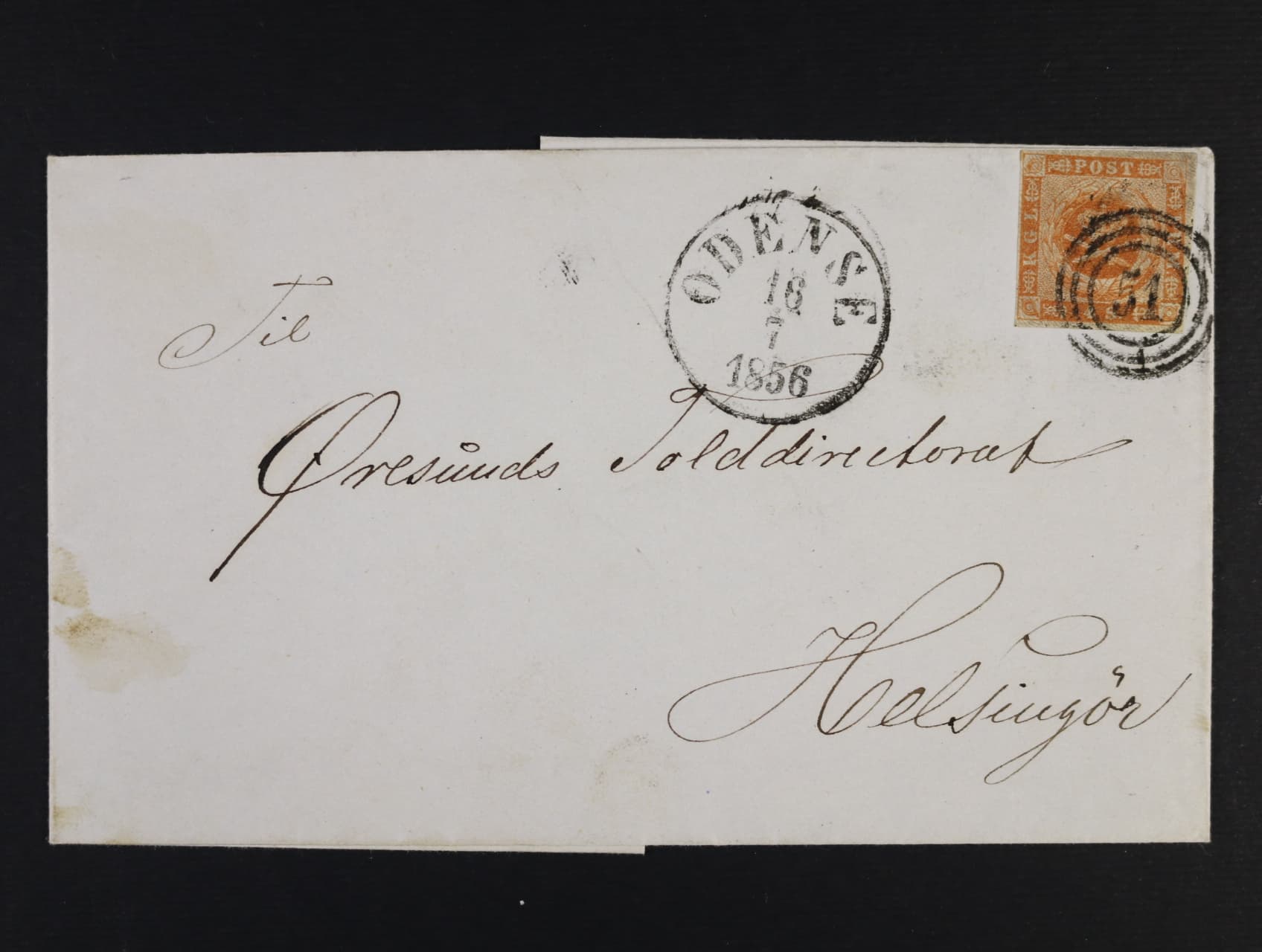 Skl. dopis z r. 1856 frank. zn. Mi. č. 4 s čís. pod. raz. 51 + denní raz. ODENSE 16.7.1856, dobrá kvalita