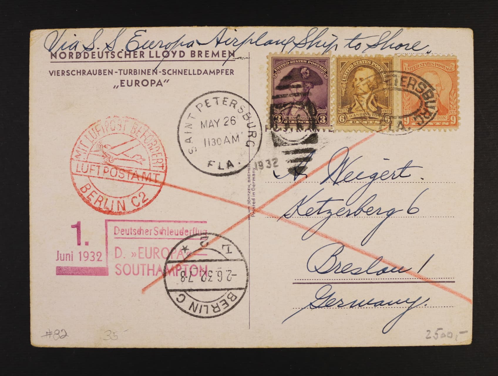 USA - dopis do Německa s pestrou frankaturou, pod. raz. SAINT PETERSBURG MAY.26.1932 + červený let. kašet + fialový katapult. kašet D. "EUROPA" SOUTHAMPTON 1.JINI.32