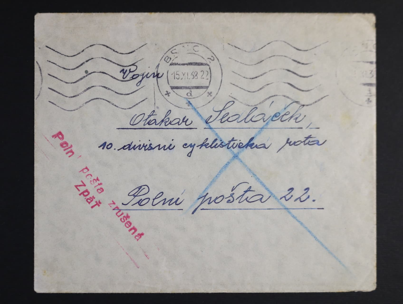 Slovensko 1938-45 - dopis z Brna na PP c. 22 s pod. raz. BRNO 2 15.11.38 + přídavné raz. Polná pošta zrušená Zpät, zajímavé