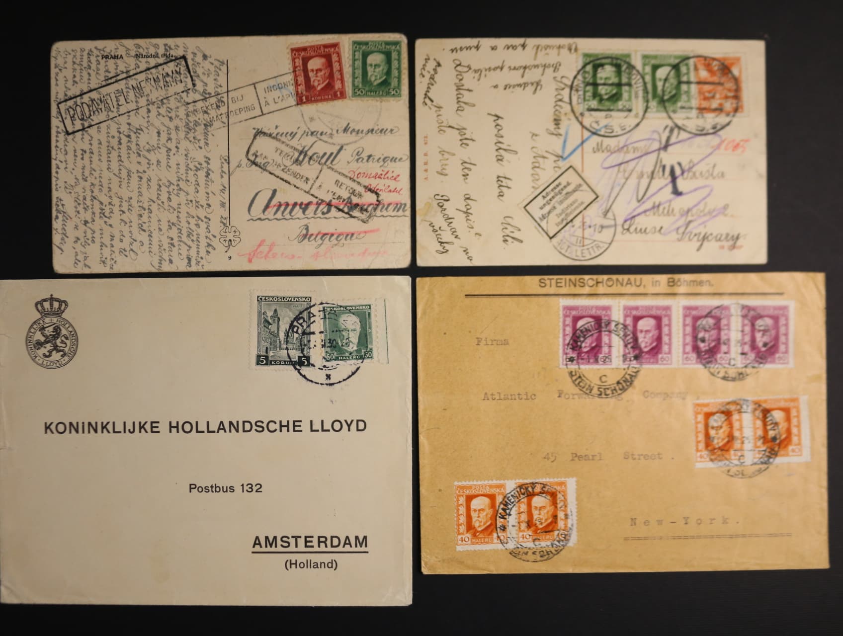 sestava 4 ks celistvostí z let 1924 - 30 do Švýcarska, Belgie, USA a Holandska, zajímavé frankatury