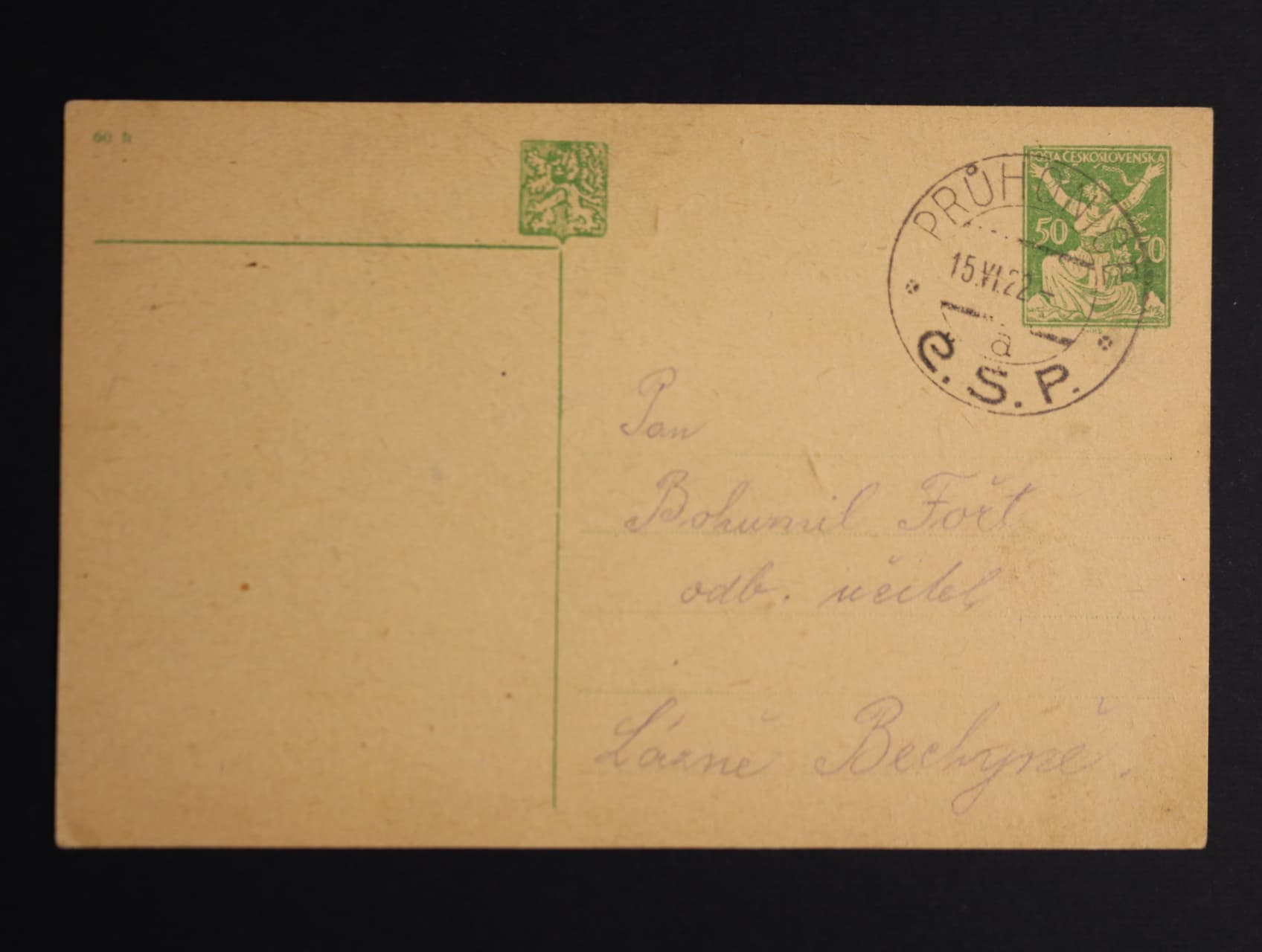 CDV č. 24 se stroj. obtiskem zn. i znaku, pod. raz. PRŮHONICE 15.6.22
